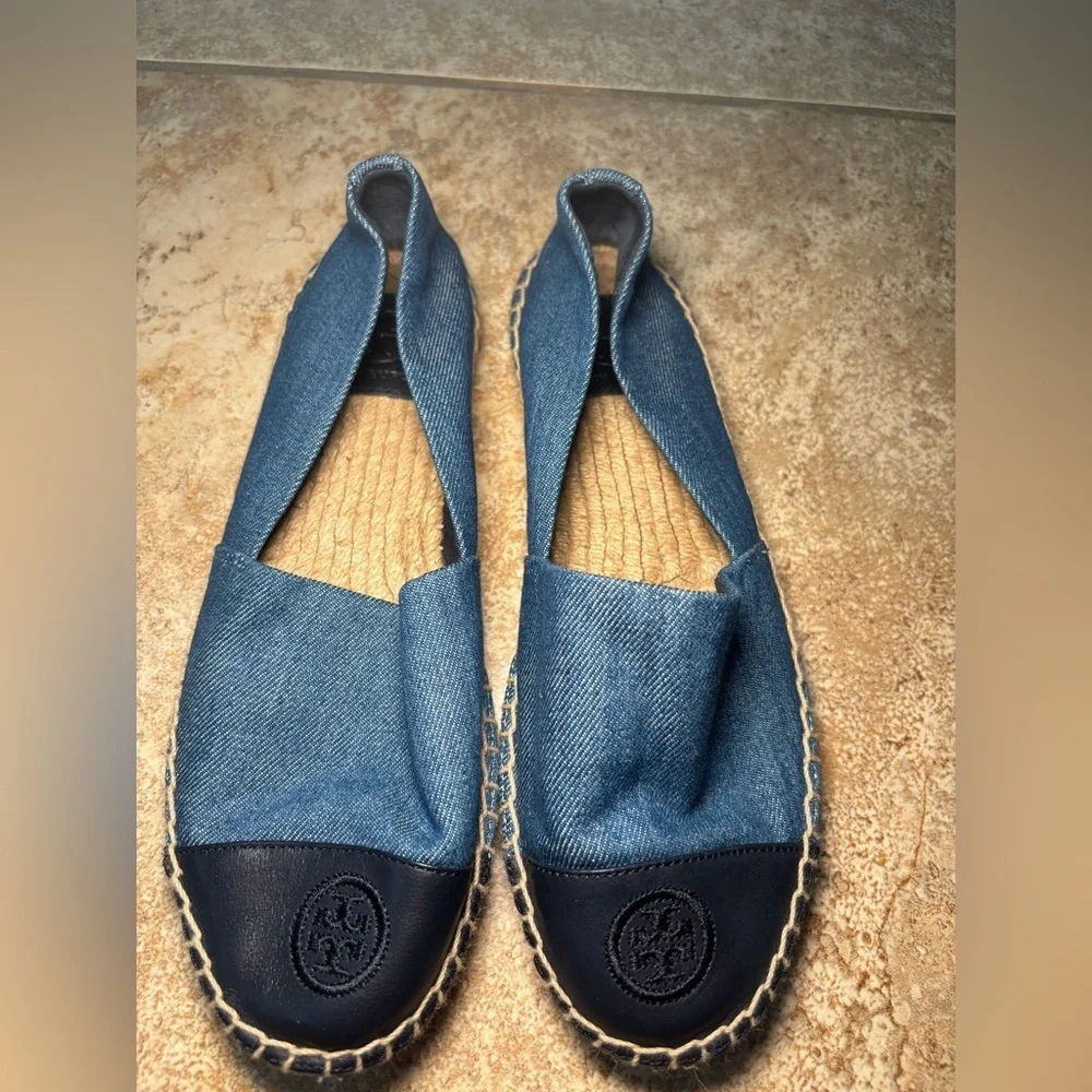 Tory Burch Denim Blue and Black Leather Espadrilles